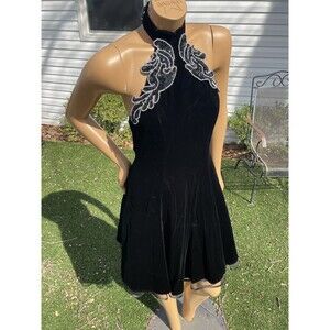 Vintage 80s TNB 80s Black Crushed Velvet Beaded Sequin Mesh Formal Halter Dress